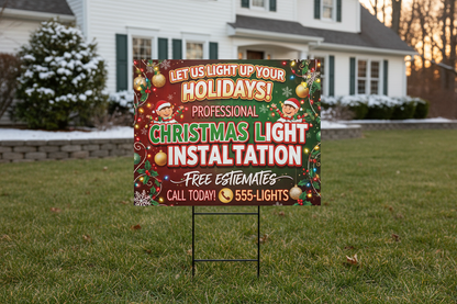 I need another variation of a full color 24x18 yardsign. i want it to be a vibrant sign advertising christmas light installation. I want it on a h-stake staged in a front yard