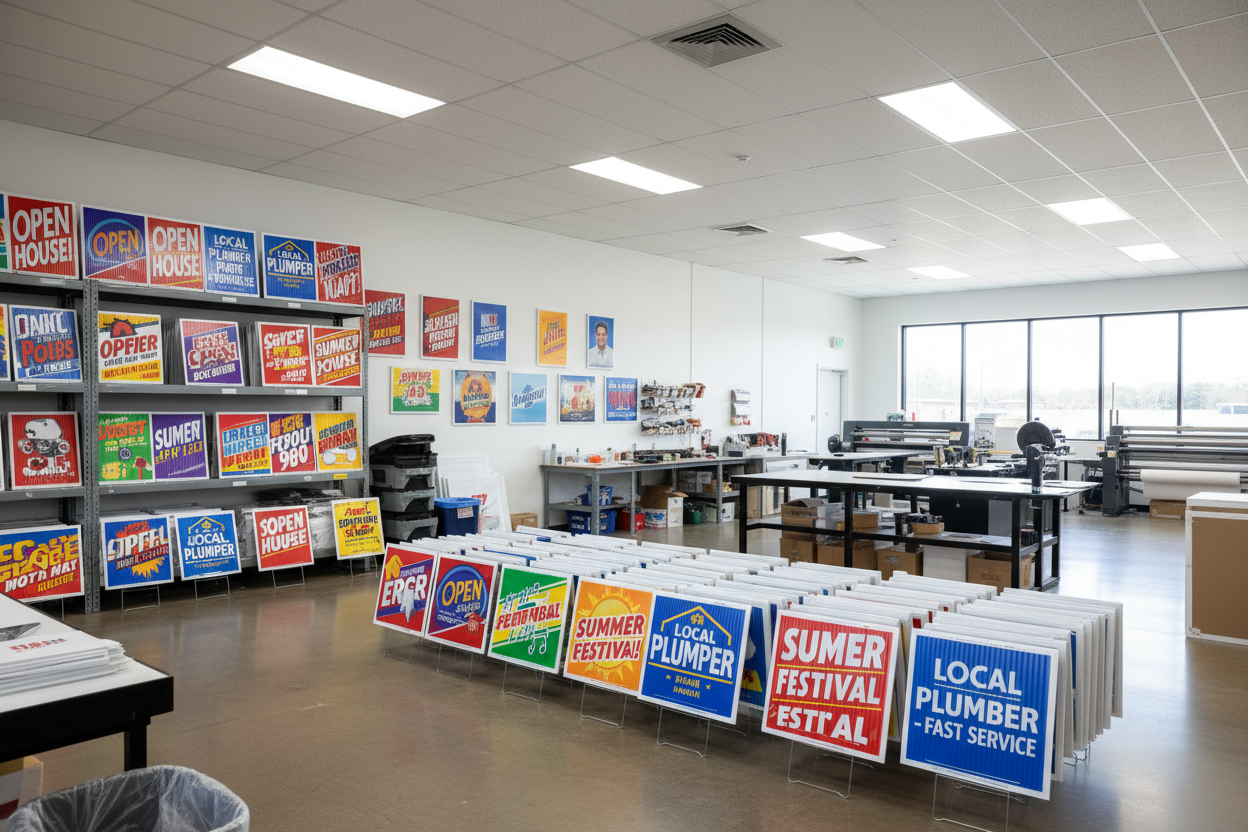 Show me 50 full color yard signs in a print shop